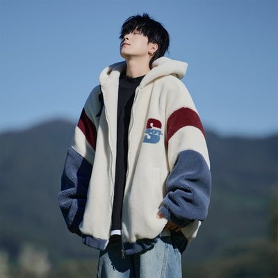 青少年撞色羊羔毛外套男款冬季大码宽松毛绒加厚保暖新款棉衣夹克