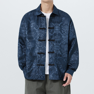 唐装男中式复古暗花盘扣衬衫中国风上男装衣秋季宽松长袖衬衣外套