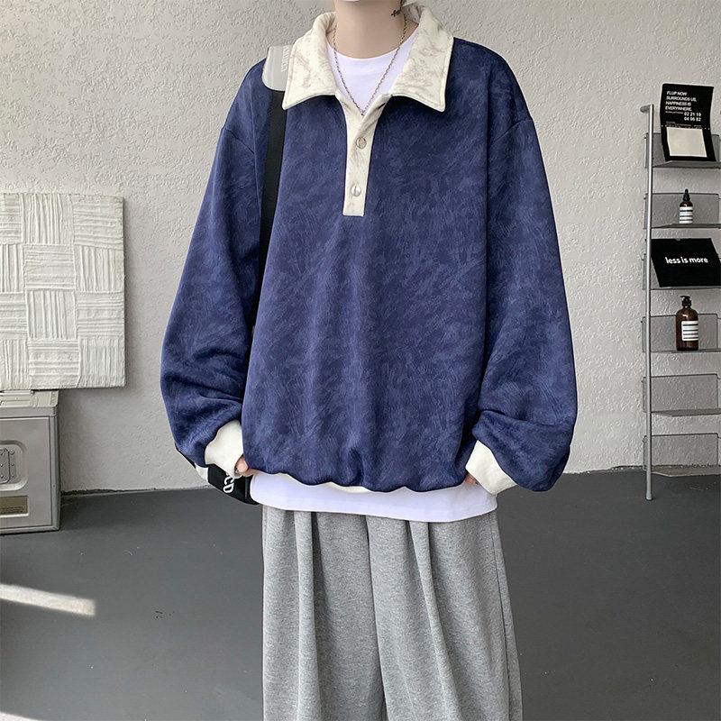 美式复古撞色拼接polo领卫衣男女春秋学院风宽松休闲情侣翻领上衣