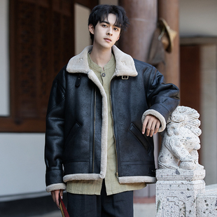 皮毛一体外套男冬季加绒加厚机车服潮牌羊羔毛夹克棉服羊羔绒皮衣