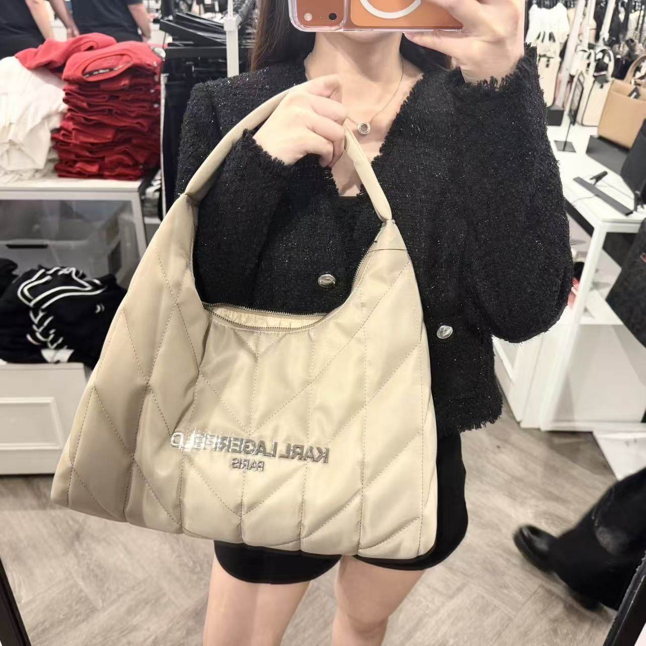 COCO美国代购Karl Lagerfeld老佛爷 菱格纹尼龙hobo包