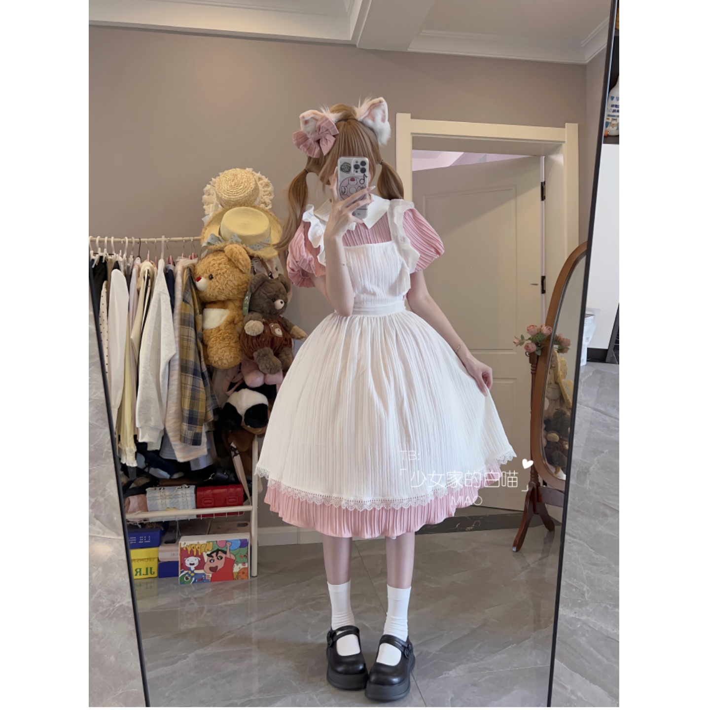 日常粉色长款女佣装大码女仆装