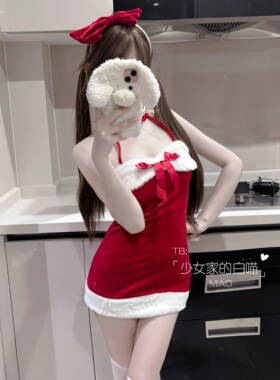 MIAO:圣诞节挂脖包臀连衣裙可爱纯欲女红色cosplay圣诞节服装女