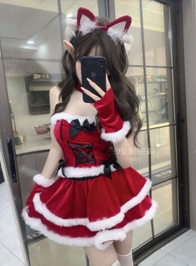 圣诞服装可爱性感金丝绒红色cosplay兔女郎抹胸连衣裙圣诞女仆装