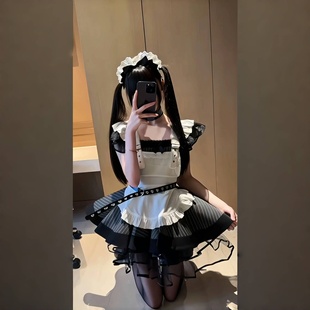 MIAO：日系复古亚文化女仆装 lolita连衣裙女 黑白条纹可爱女佣套装