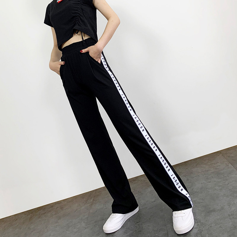 运动裤女宽松高腰2020秋冬新款显瘦阔腿裤松紧腰加绒直筒休闲裤子