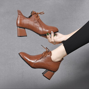 尖头软皮高跟鞋女2023年春秋新款中跟系带小裸靴真皮深口粗跟单鞋