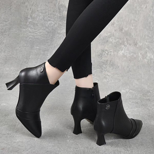 真皮高跟小短靴2024秋冬新款尖头细跟单靴冬季洋气时尚女小裸靴女