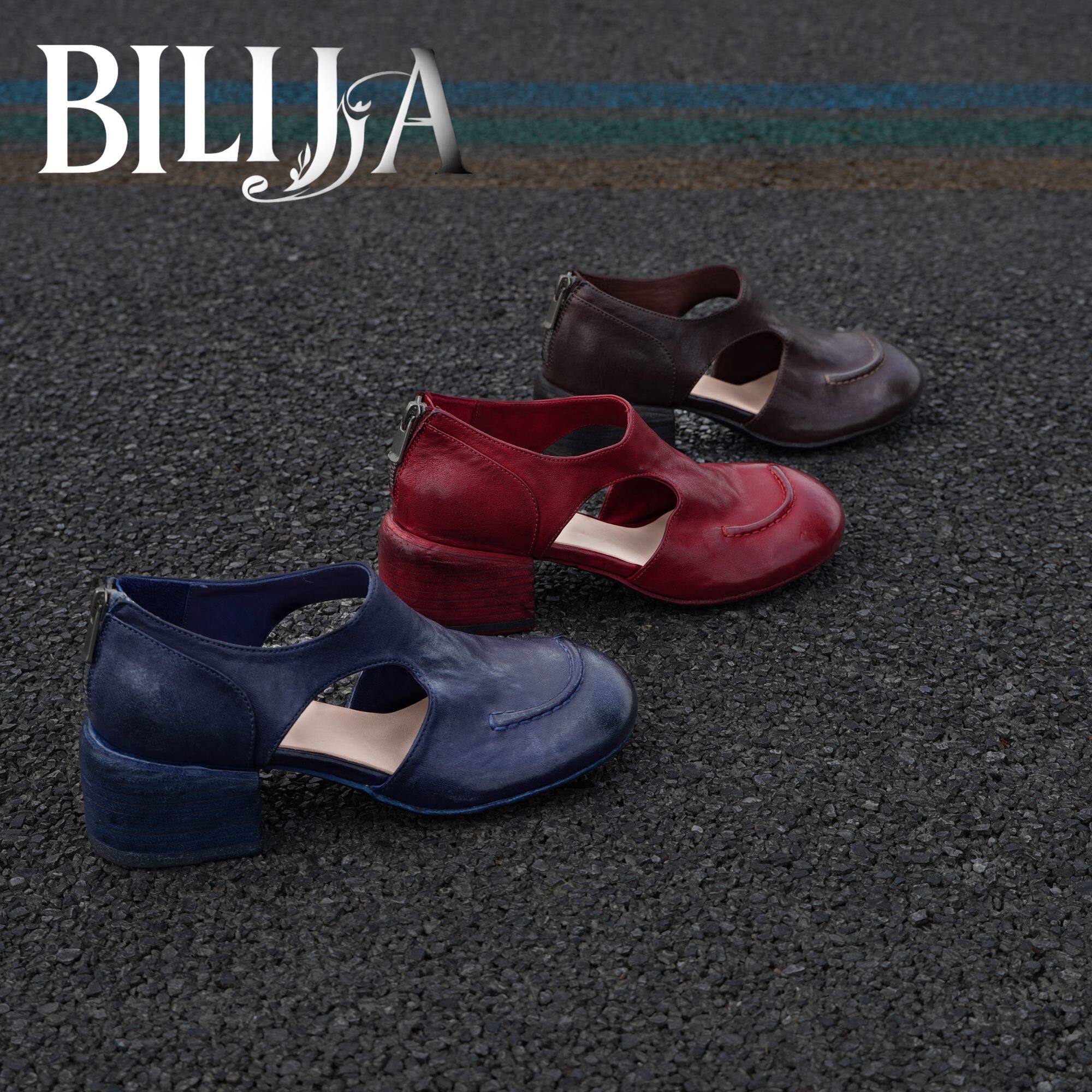 BILIJIA|水洗马皮5cm镂空T字带百搭复古文艺气质玛丽珍凉鞋BD055