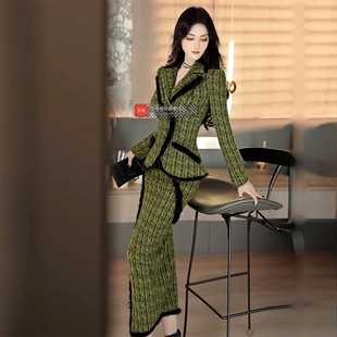 收腰修身 裙新品 减龄外套过膝长裙两件套 加厚毛呢套装 冬季