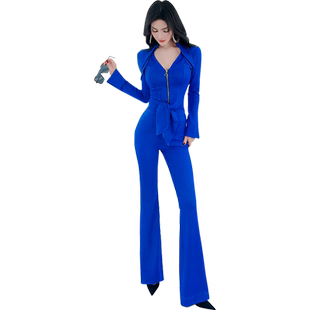 型色缤纷开春时尚气质牛仔套装新款V领绑带上衣喇叭裤两件套