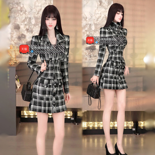 春季帅气格纹职业修身套装裙2026新款外套高腰百褶短裙裤两件套