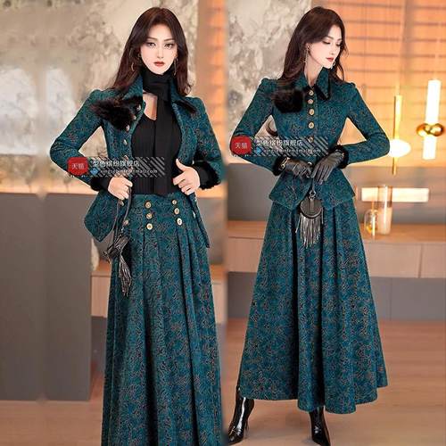 冬季欧美加厚毛呢套装裙新款名媛风减龄外套大摆长裙两件套