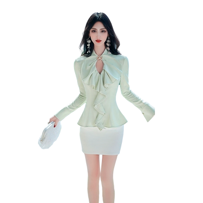 名媛风长袖修身显瘦衬衫荷叶边