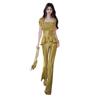 醋酸面料系列不规则裙摆上衣阔腿裤两件套夏季气质女神范套装