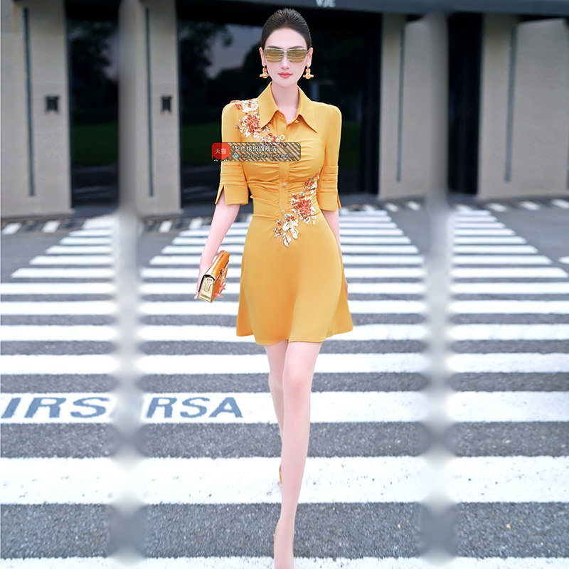 型色缤纷设计感蕾丝珠片绣花衬衫裙2025夏季新款洋气减龄连衣裙