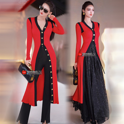 早秋红色长款针织外套女新款小众修身开衫设计感两穿连衣裙