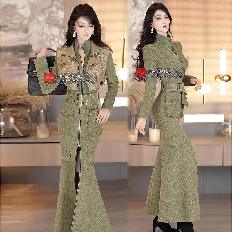 冬季帅气设计感鱼尾长大衣造型珠片马甲两件套新款加厚套装,女装/女士精品,时尚套装,淘宝优惠券,粉丝福利购,淘宝优惠卷