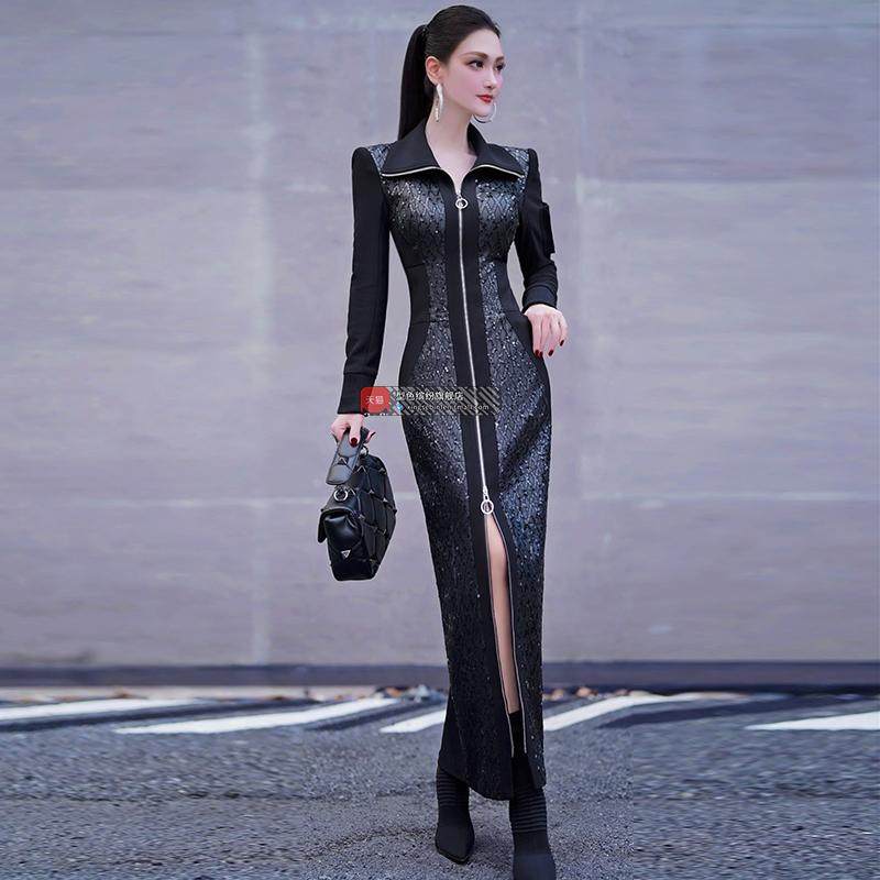 原创商务风亮片撞色拼接休闲风衣式长裙秋季欧美帅气翻领外套,女装/女士精品,连衣裙,淘宝优惠券,粉丝福利购,淘宝优惠卷