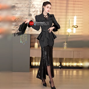 秋冬季礼服呢大衣2025新款撞色拼接珠片设计感裙摆中长款过膝外套