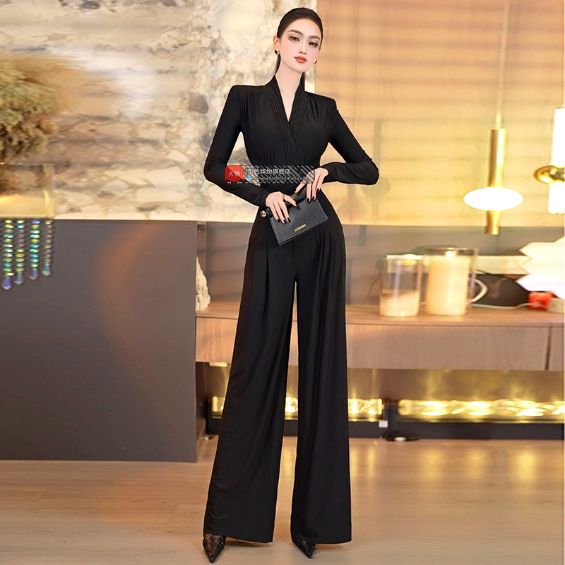 春季褶皺設計修身收腰闊腿連身褲2025新款大牌女神范禮服連體褲