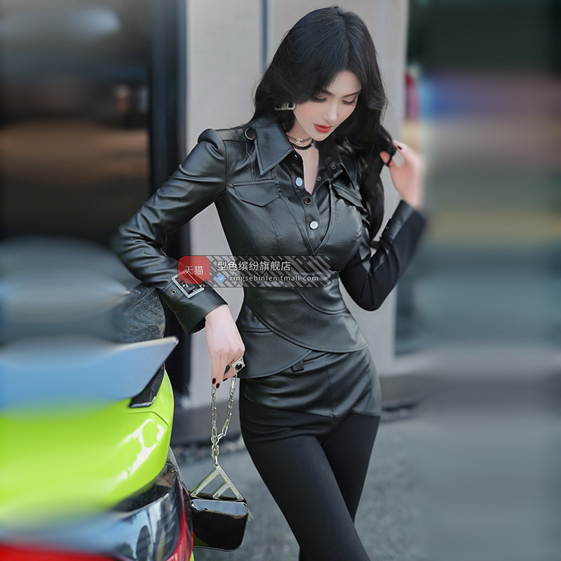 秋季仿PU拼接气质干练套装女新款收腰显瘦外套喇叭裤两件套,女装/女士精品,时尚套装,淘宝优惠券,粉丝福利购,淘宝优惠卷