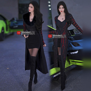 新款 冬季 欧美风女装 烫钻工艺开衫 过膝外套 气质干练中长款