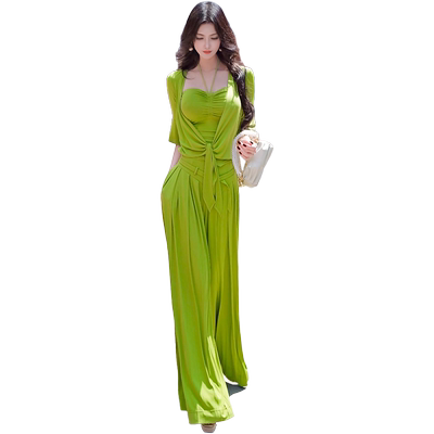 夏季套装裙裤气质穿搭一整套新款假两件吊带披肩阔腿裤两件套