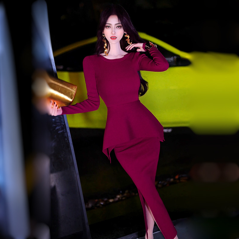 秋冬名媛风洋气裙摆上衣开衩过膝包臀裙两件套新款针织套装,女装/女士精品,时尚套装,淘宝优惠券,粉丝福利购,淘宝优惠卷