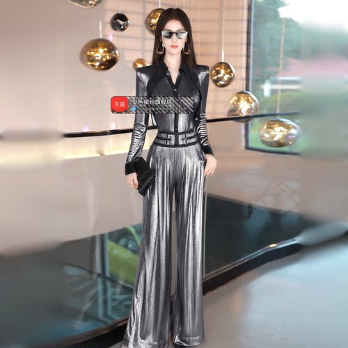 春秋季欧美撞色拼接上衣阔腿裤两件套2026新款气质女神范穿搭套装