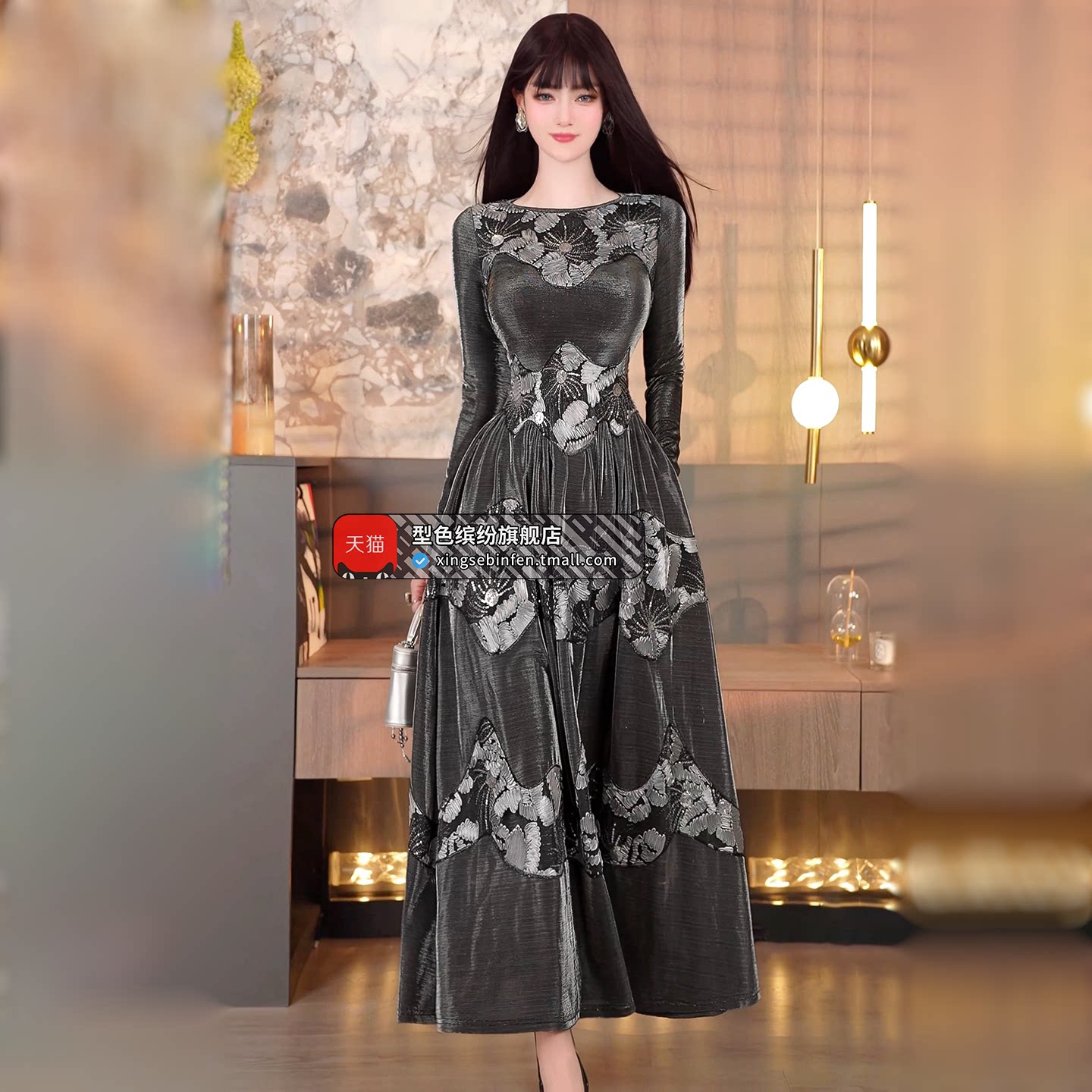 开春时尚洋气拼接提花连衣裙2026新款度假风气质减龄过膝长裙