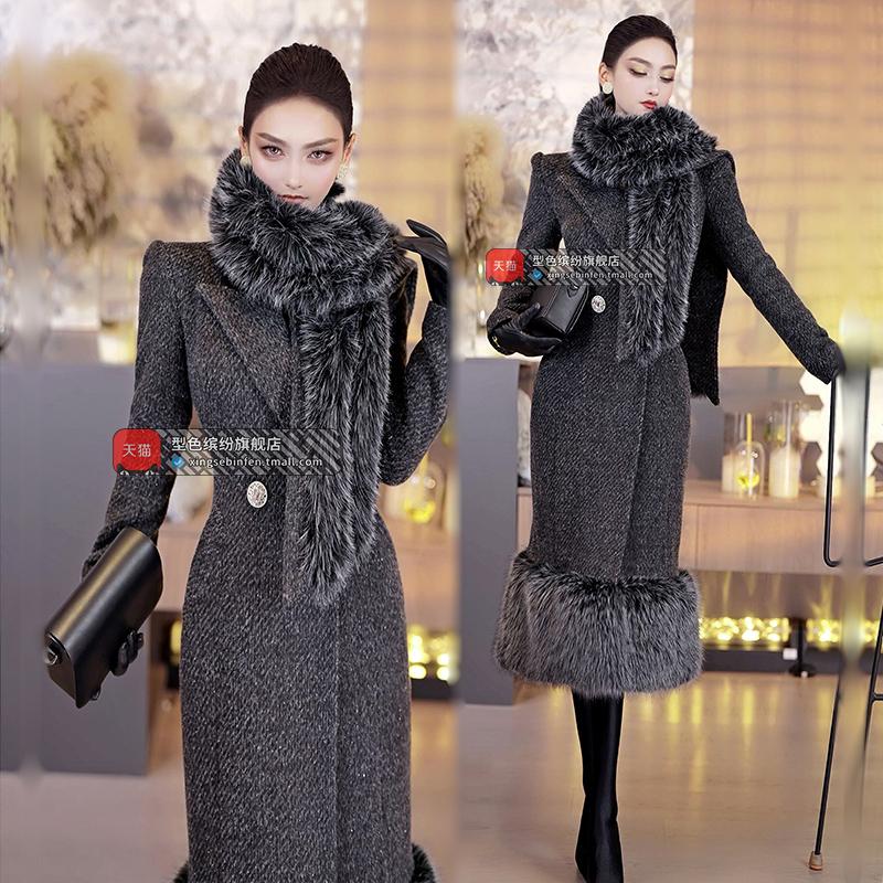 冬装设计感可脱卸围巾领毛呢外套