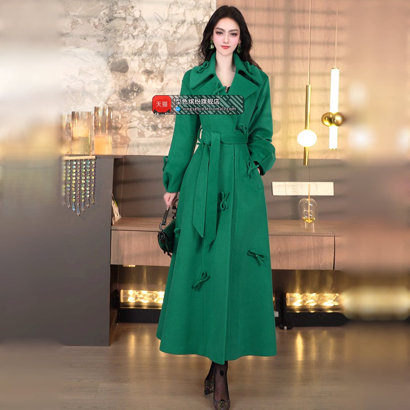 冬季设计感微落肩蝴蝶结装饰时尚大衣2025新款名媛风灯笼袖外套