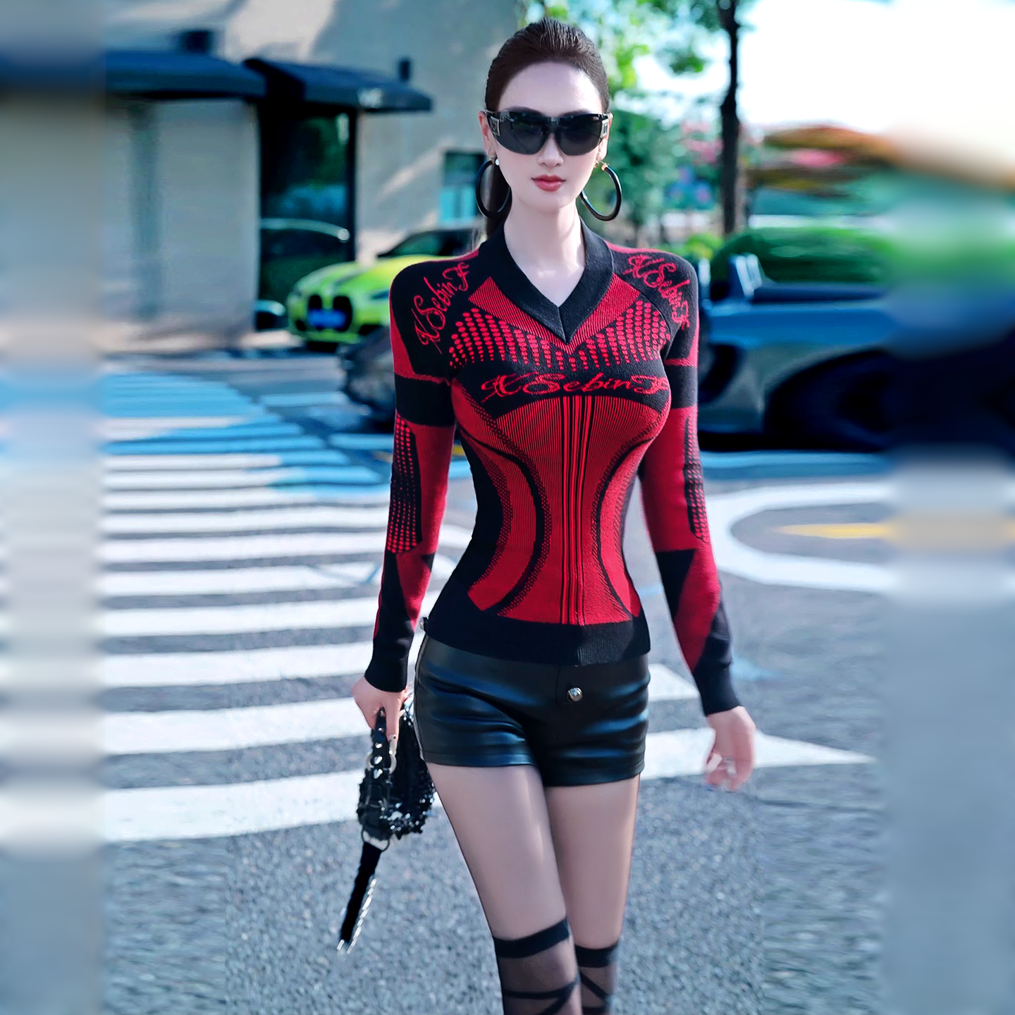 型色缤纷秋冬欧美机能风撞色提花修身毛衣2025新款V领针织上衣