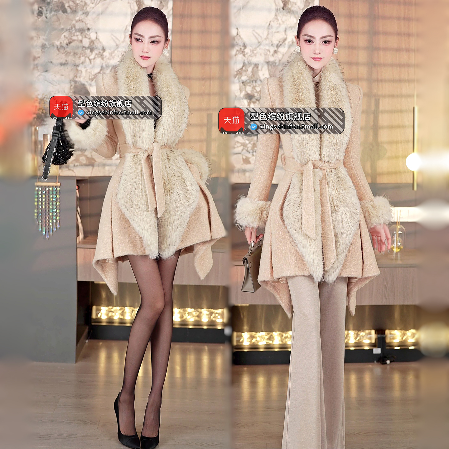 型色缤纷冬季时尚可脱卸毛领短大衣2025新款女人味气质干练外套