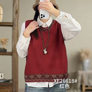 春季圆领刺绣棉线针织马甲复古文艺宽松百搭无袖马夹女中国风背心