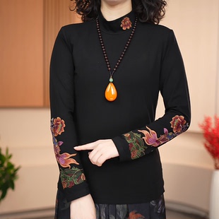 春季新款民族风刺绣半高领长袖女士打底衫百搭T恤衫中国风上衣女
