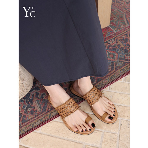 YC｜法式编织一字拖鞋女夏外穿2026新款平底套趾度假沙滩凉拖鞋子