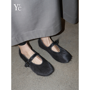 YC｜时髦巨软马毛一字扣单鞋女舒适奶奶鞋羊皮浅口毛毛鞋玛丽珍鞋