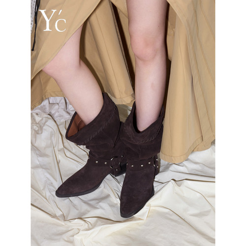 YC｜复古尖头粗跟骑士短靴女潮