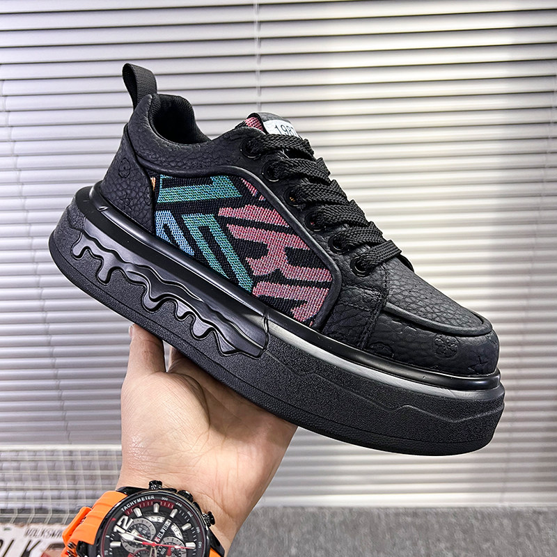 潮牌增高板鞋男厚底透气百搭休闲鞋刺绣个性黑色运动舒适轻便潮鞋