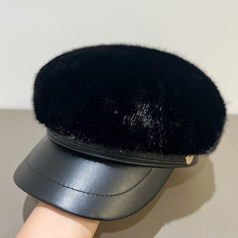 韩国皮帽檐拼接八角帽女仿貂毛绒贝雷帽仿兔毛皮草冬季保暖报童帽