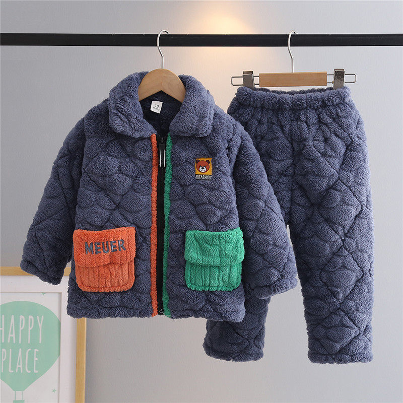 儿童睡衣男童男孩冬季三层夹棉加厚款2023新冬款加绒珊瑚绒家居服