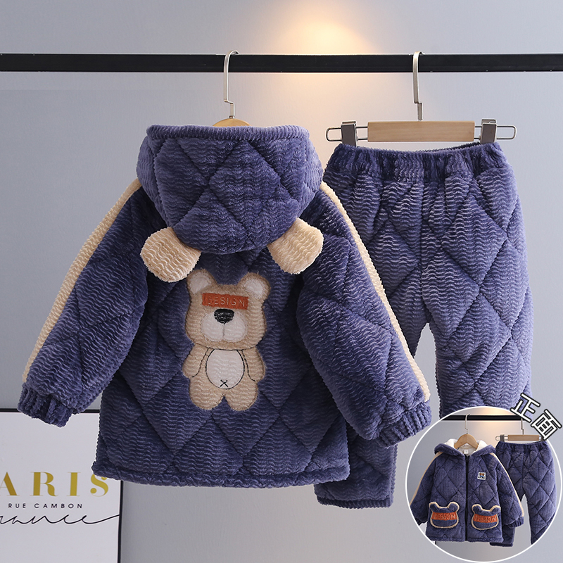 男童秋冬款夹棉保暖珊瑚绒睡衣