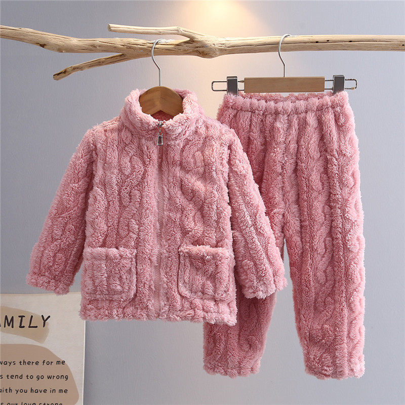 秋冬季款儿童法兰绒睡衣宝宝加厚家居服男童女童珊瑚绒拉链套装