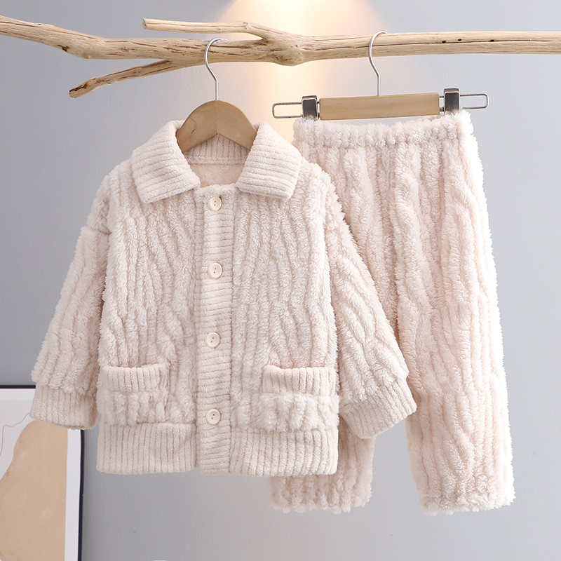 法兰绒秋冬季纯色儿童睡衣加厚