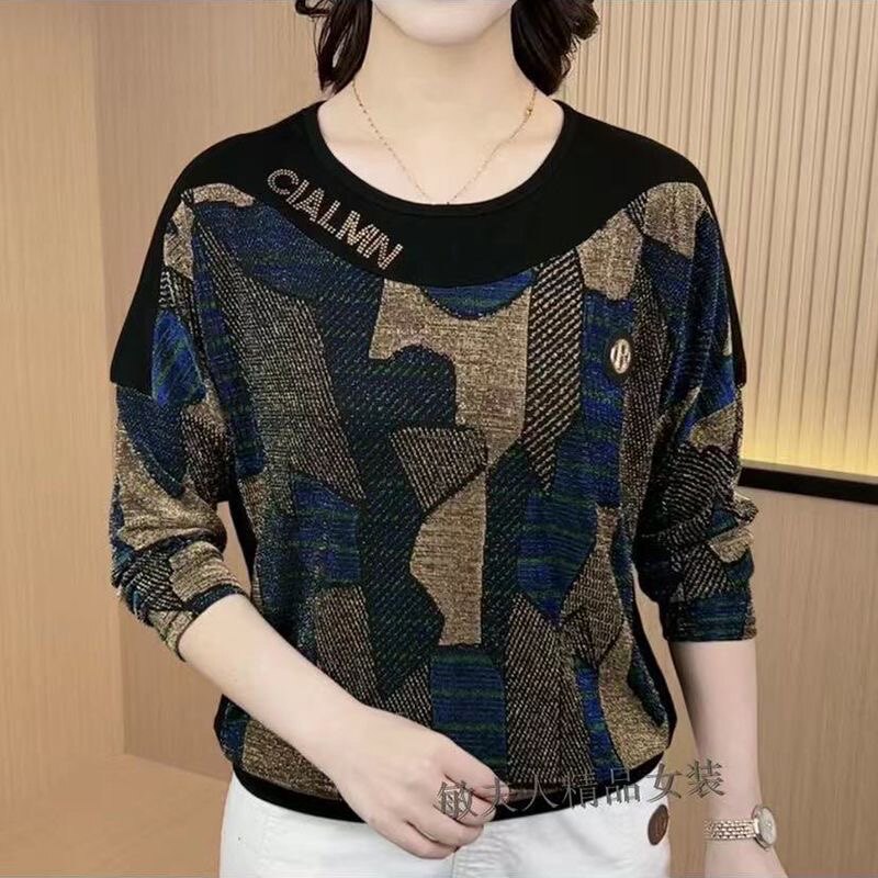 2025秋季时尚圆领蝙蝠袖T恤小衫网纱大码百搭显瘦妈妈装短袖上衣