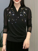 打底衫 2026春季 蕾丝妈妈中老年女装 V领上衣洋气网纱早秋长袖 新款