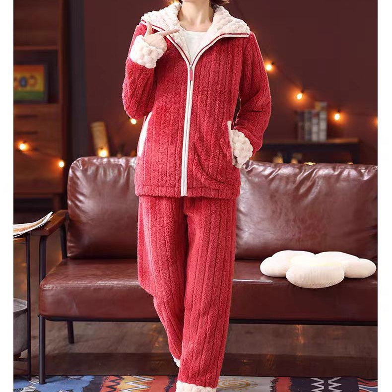 2025年新款秋冬睡衣女珊瑚绒加绒加厚翻领拉链款睡衣女家居服套装