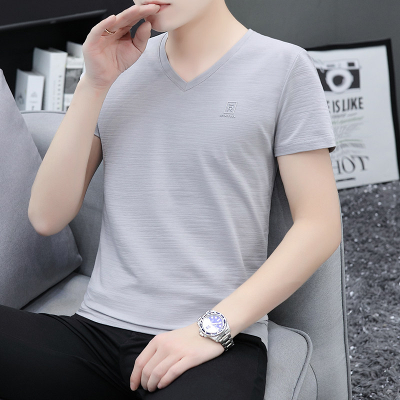 3DR标冰丝纯棉短袖t恤男装V领上衣韩版潮牌鸡心领简约运动打底衫